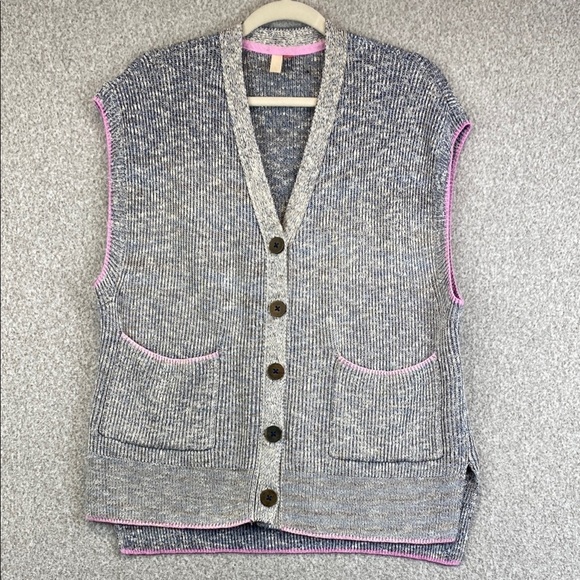 Pilcro "Washed" sweater vest academia pink trim S boxy heathered oversized - Picture 2 of 12